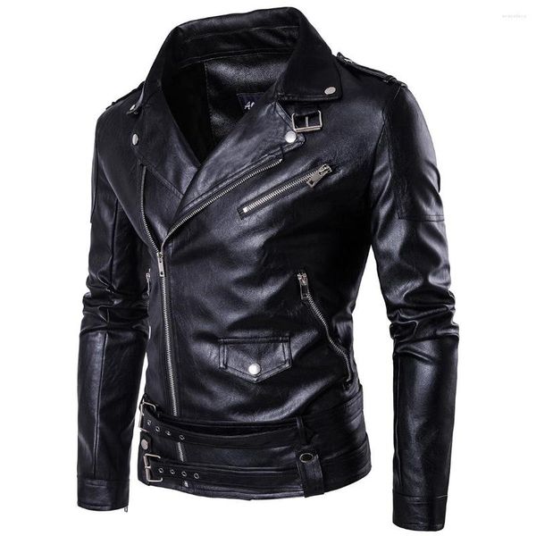 Jaquetas masculinas 2023 masculinas de couro do plutônio clássicas slim fit motociclista piloto casacos com cinto gola dobrável com zíper preto roupas de rua