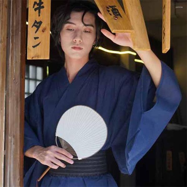 Этническая одежда хлопок японская кимоно -хаори для самурайских мужчин Юката Оби устанавливает традиционную пижаму ночной рубашки Джинбеи