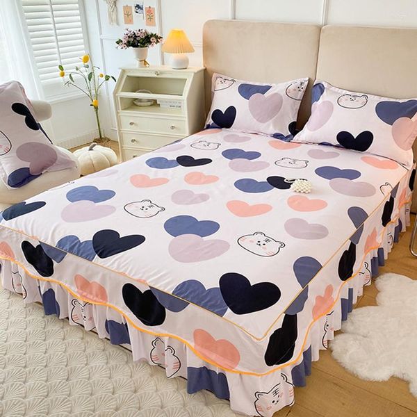 Saia de cama 3 peças de algodão simples engrossado capa escovada confortável antiderrapante protetora para todas as estações