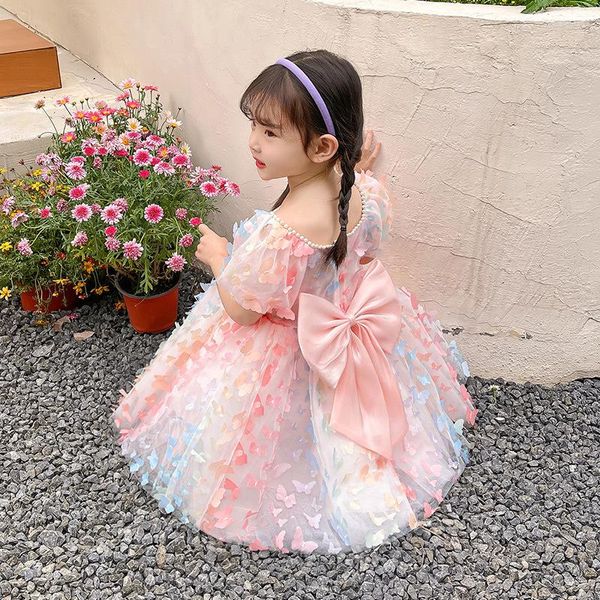 Roupas Étnicas Verão Meninas Borboleta Rosa Aplique Vestido Elegante Princesa Aniversário Vestidos de Manga Curta Vestidos Crianças Roupas Vestidos