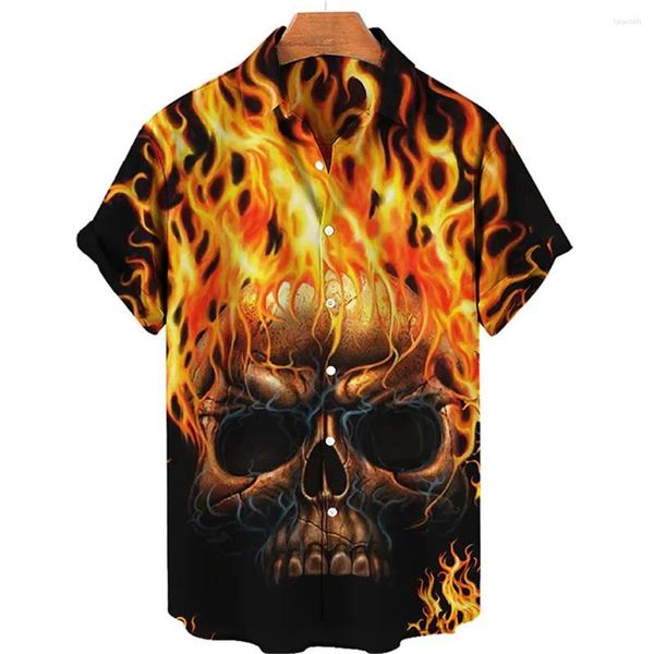 Camicie casual da uomo 2023 Skull 3d Hawaiian Man Retro Caucal Shirt Fashion Fire Graphic Maniche corte Summer Simple Top