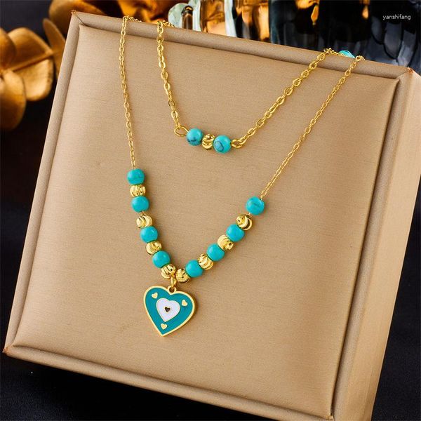 Anhänger Halsketten 316L Edelstahl Blaue Herz Halskette Für Frauen Mädchen Trend Doppelschicht Perlen Kette Wasserdicht Schmuck Großhandel
