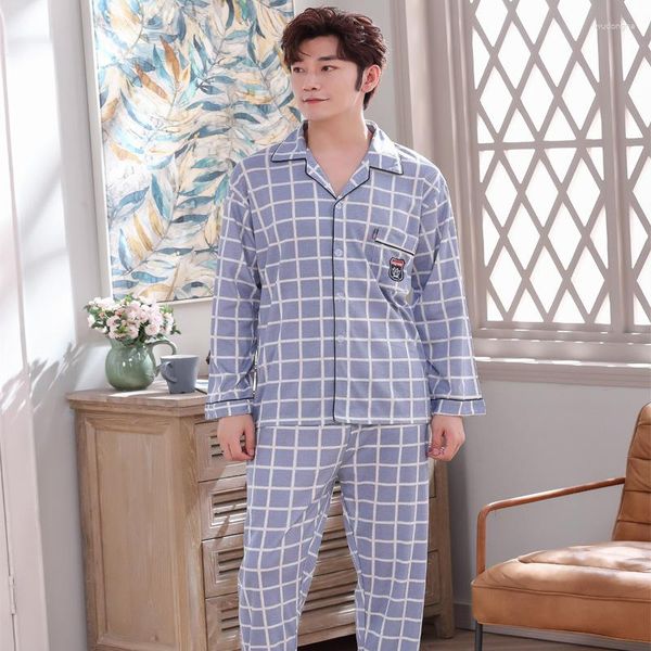 Herren-Nachtwäsche L-3XL Männer Pyjamas Sets Frühling Herbst Langarm Bluse Hosen 2 stücke Anzüge Plaid Lose Beiläufige Männliche Outfits Hw42