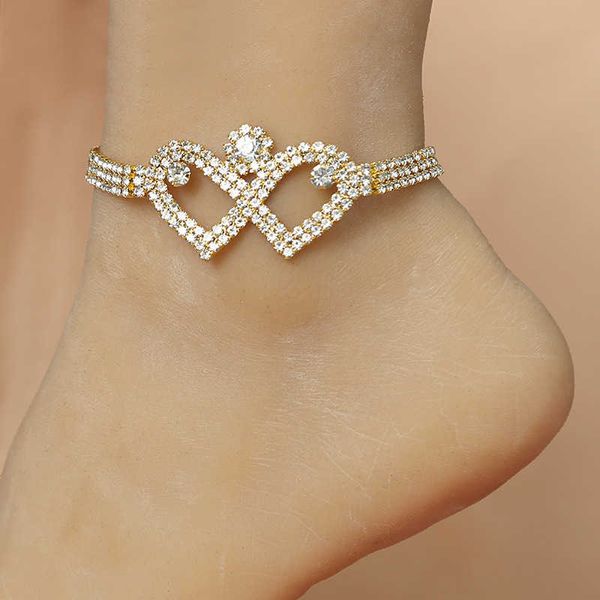 Venta caliente nueva cadena de pies de amor personalizada brillante playa Rhinestone doble corazón pie accesorios mujeres tobilleras