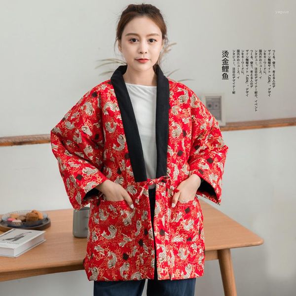 Abbigliamento etnico Giacca kimono stampata da donna in stile giapponese Cappotto invernale imbottito in cotone spesso Le signore vintage tengono al caldo i kimono Top larghi