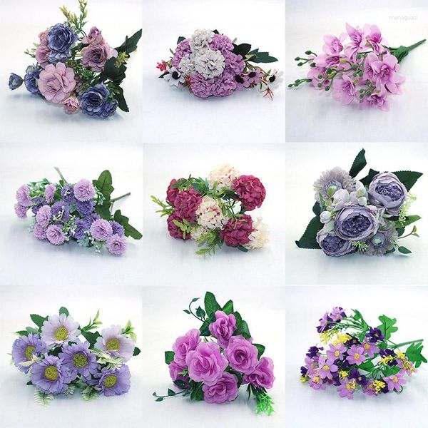 Flores decorativas Roxo Outono Falso Chá Rosa Peônia Flor De Seda Gérbera Margarida Plástico Artificial Casamento Acessórios Decoração