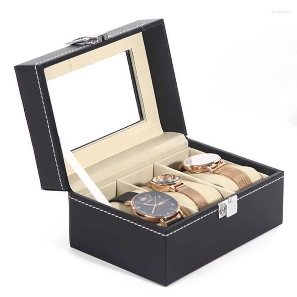 Caixas de Relógio Caixa de Couro Caixa Mecânica de Luxo 3 Slots Armazenamento Relógios Masculinos Bandeja de Exibição Organizador Acessórios Idéia para Presente