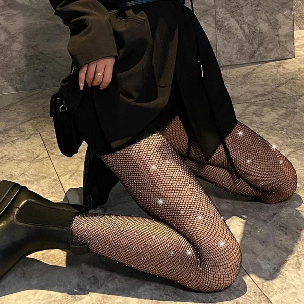 Damen-Socken, Nacht-Unterrichtsraum, schwarze Seide, Disco-Tanzshow, glänzende Kristall-Mesh-Diamant-Fischnetzstrümpfe, groß, mittel und klein