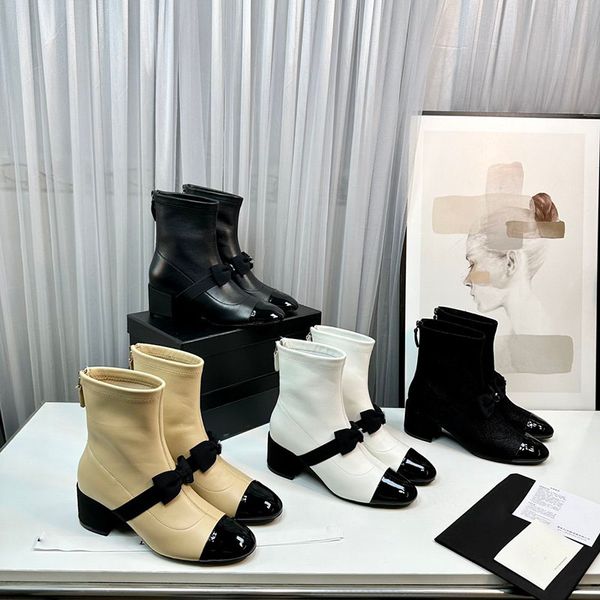 Botas de cano baixo de tricô com bico redondo Salto bloco robusto designer de luxo feminino Sola de couro Moda ins Botas Sapatos de alta qualidade calçados de fábrica Tamanho 35-41