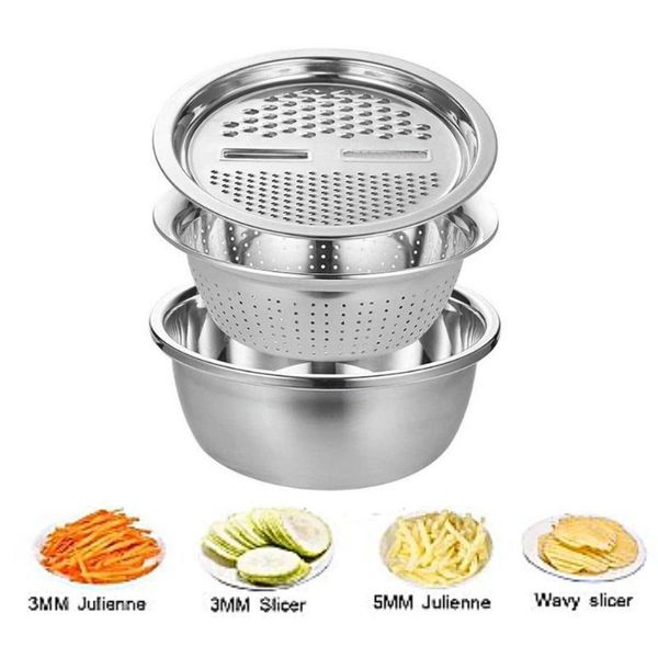 Фруктовые овощные инструменты 3 в 1 Slicer Cutter Drain Corpet Basket из нержавеющей стали Julienne Grater Maker Maker Bowl Kitchen Gadgets 230802