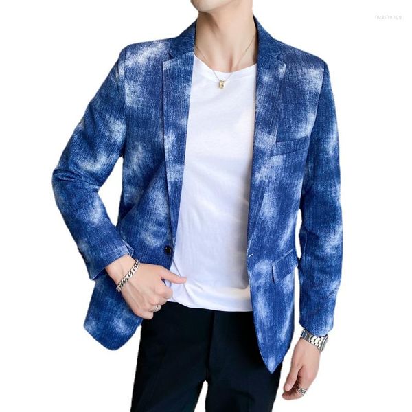 Ternos Masculinos de Algodão Roupas Masculinas 2023 Tie Dye Jaqueta Denim Masculino Baile de Formatura Vestido de Festa Casacos Homme Blazer Tamanho 4XL-S Azul/Preto/Cinza Claro