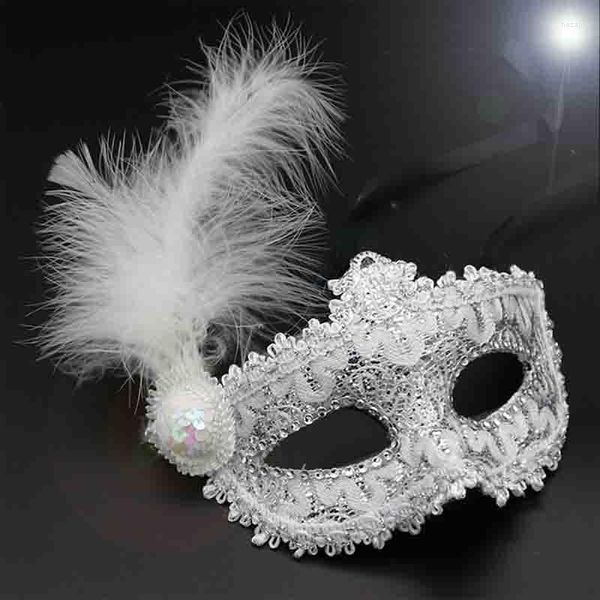 Forniture per feste Mardi Gras Mask With Feather Women Masquerade Halloween Costumi Cosplay Venetian Bar Beach Wedding Couple Prom White