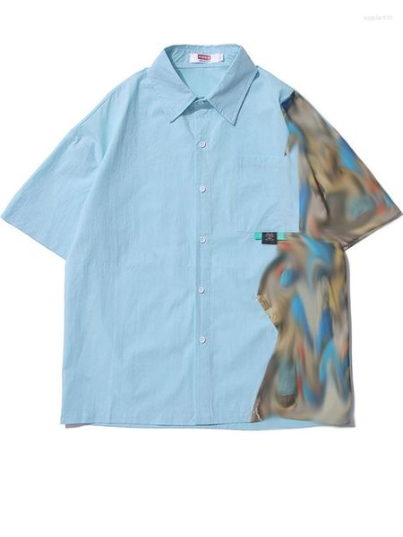 Frauen Blusen Sommer Spleißen Design Harajuku Shirt Männer Kurzarm Ins Trend Japanischen Männlichen Bär Patchwork Lose Oversize Streetwear