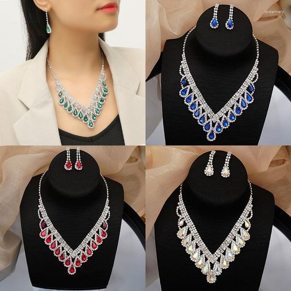 Anhänger Halsketten Bunte Kristall Voller Strass Halskette Ohrringe Zweiteiliges Set Exquisite Hochzeitskleid Kragenkette