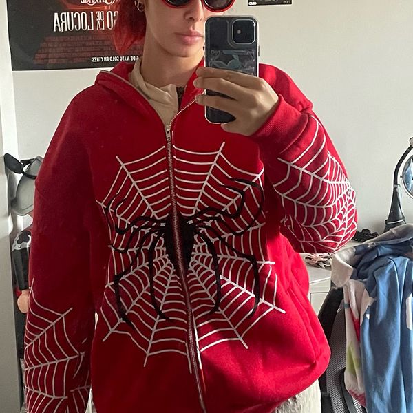 Moletons Femininos com Capuz Teia de Aranha Red Graphic Graphic Moletons Femininos Harajuku Vintage Grunge Y2k Moletom com Zíper Casal Solto Jaqueta Manga Longa com Capuz Tops 230803