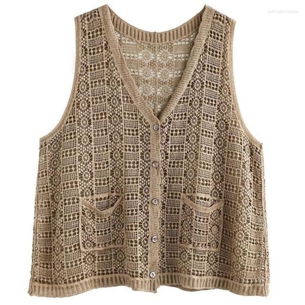 Gilet da donna Primavera e autunnoGilet da donna con scollo a V Scava fuori Gilet all'uncinetto Giacca senza maniche Gilet in pizzo di cotone Cardigan lavorato a maglia Mujer 2023