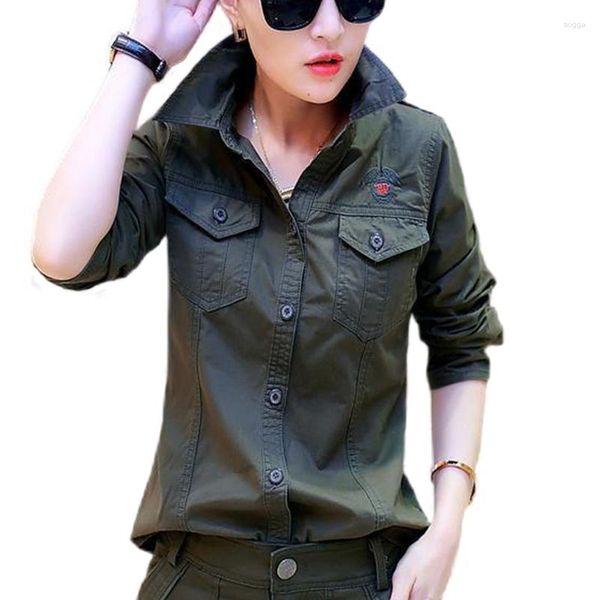 Blusas Femininas Estilo Militar Camisas de Manga Longa Bordadas Verde Exército 2023 Primavera Camisas Casuais com Gola Feminina com Dragonas