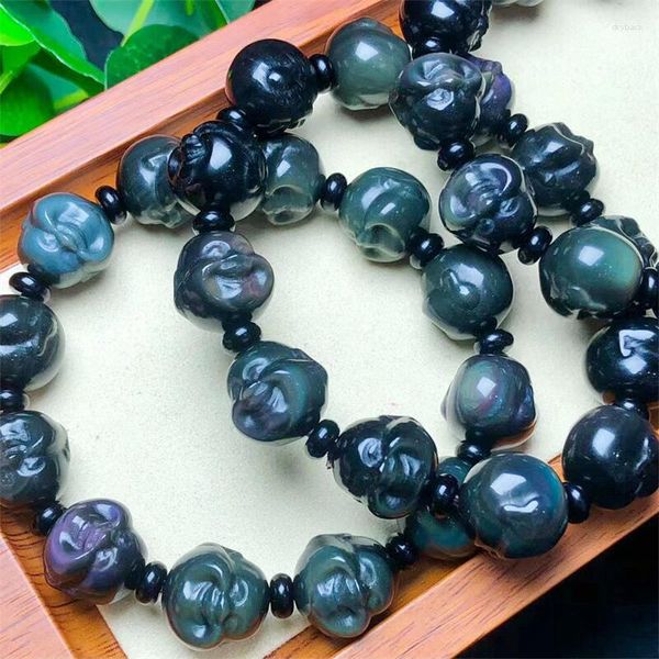 Strand colore naturale ossidiana testa di Buddha perline braccialetto gioielli moda pietra preziosa Reiki Energy Stone regalo di festa 1 pz 14 cm