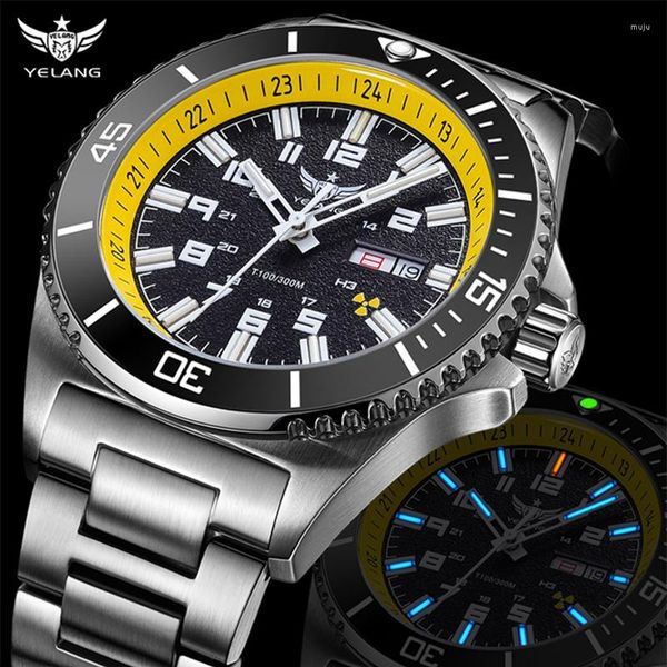 Orologi da polso YELANG H3 Gas Self Luminous Automatico Meccanico Quadrante ruotato Data Day Sapphire Waterproof 300M Swimming Dive Sports Watch