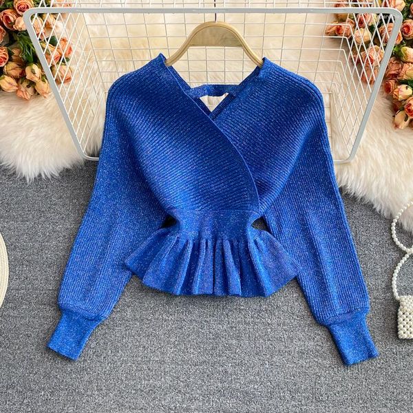 Maglioni da donna Pullover di seta brillante Maglieria Autunno manica lunga Camicia a maniche corte senza schienale Scollo a V Elastico in vita Ruffles Top