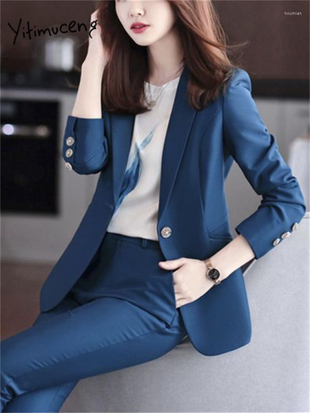 Frauen Zweiteilige Hosen Yitimuceng Koreanische Formelle Hose Anzüge Für Frauen 2023 Mode Langarm Dünne Blazer Jacke Büro Damen Casual 2 Set