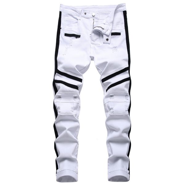 Herren Jeans Punk Jeans Männer Reißverschluss Hip Hop Slim Fit Weiße Bike Jeans Elastische Split Denim Hosen Baumwolle Mode Lässig Joggen Männliche Kleidung 230802