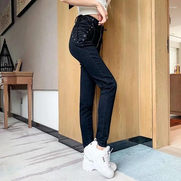 Jeans feminino feminino sexy com botão elástico cintura alta feminino tamanho grande com zíper lavagem skinny lápis lápis 2023 preto azul calças