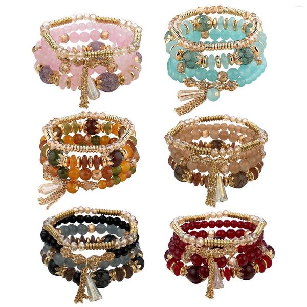 Strand 6pcs Easy Wear Gifts Colorful Stackable Bracelet Handmade Stretch Bohemian Style Charm Multilayer For Women Dress Up Jewelry