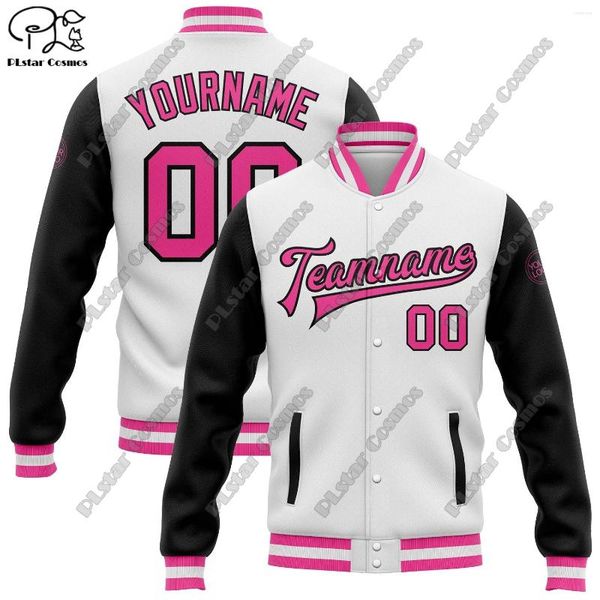 Jaquetas masculinas impressão 3D crachá personalizado clássico branco mangas pretas bomber jaqueta de dois tons botão de pressão completo inverno unissex