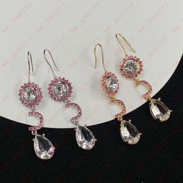 Flor de cristal de zircônia rosa oscilante de designer, alfabeto, pingente de gota de água, brincos femininos, ouro/prata duas cores, baile de formatura, festa, banquete