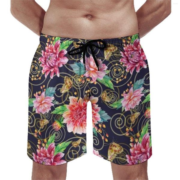 Shorts Masculino Estilo Barroco Board Dahlia Flowers Print Havaí Praia Masculino Esportes Personalizado Surf Calção de Banho Secagem Rápida Ideia de Presente