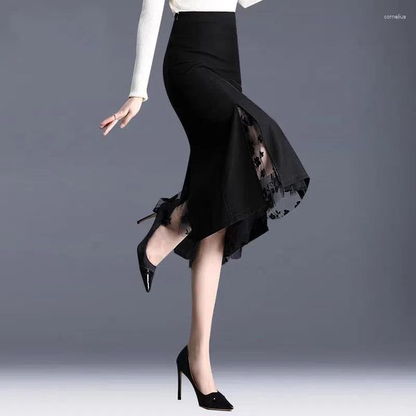 Юбки XPQBB 2023 Весна лето нерегулярная сетчатая юбка Женская корейская модная группа Splice Высокая талия женщина расщепляется офис долго