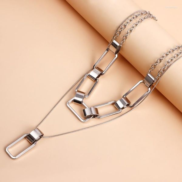 Ketten 634C Punk Hohle Metallkette Halskette Geometrische Quadrat Anhänger Einfache Schlüsselbein Doppelschicht Choker Schmuck