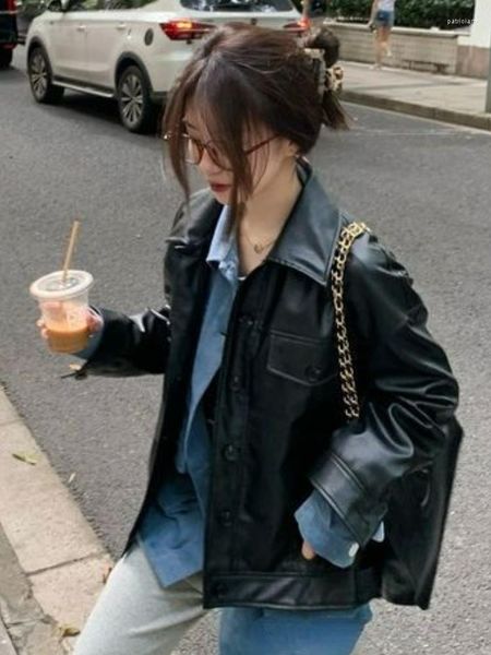Damen Leder Schwarz Vintage Jacke Frauen Koreanische High Street Lose Dünne Biker Mantel Weibliche 2023 Herbst Outwear Einreiher Chic Tops