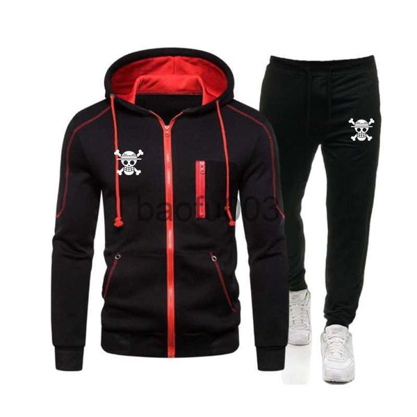 Erkeklerin Trailtsits Kış Sıcak Satış Luffy Erkek Giyim Erkekler Setleri Baskı Hoodie Seti Polar Zipper Kapşonlu Sweatshirt + Pantolon Günlük Takip J230803