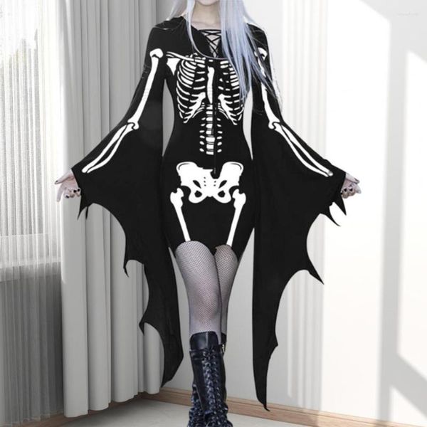 Vestidos Casuais Vestido de Halloween Manga Longa Asa de Morcego Cor Contraste Estampa de Esqueleto Punho Irregular Com Rendas Fino Acima do Joelho Cosplay