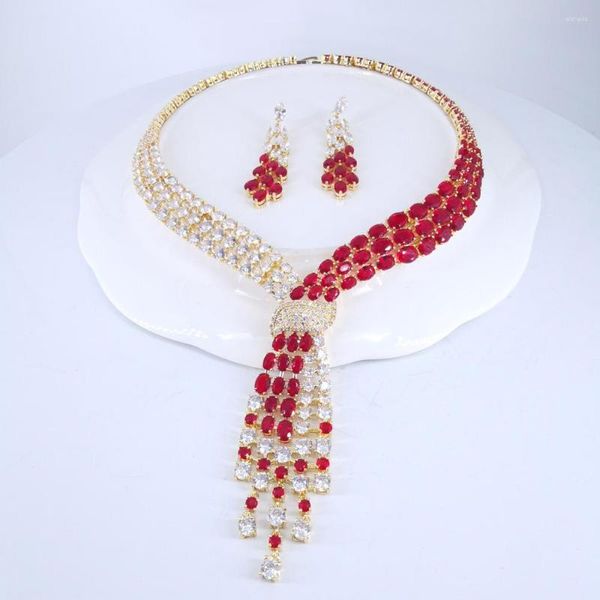 Collana Orecchini Set 2023 Fashion Luxury RED CZ Zircon GOLDEN Orecchino Wedding Bridel Dinner Banquet Dress Jewelry