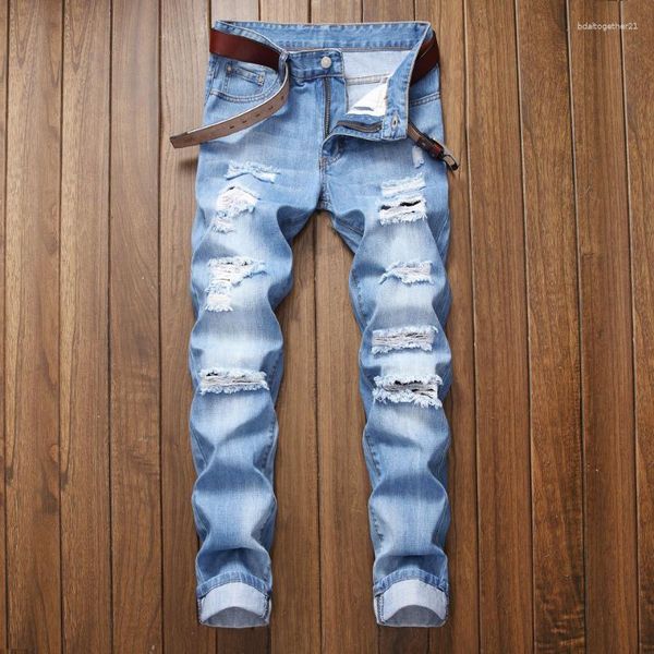 Jeans da uomo Abbigliamento autunnale Strappato Vestibilità dritta Stretchless Alla moda Blu Casual Social Hip Hop Party Pantaloni in denim di alta qualità