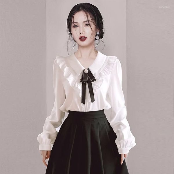 Damenblusen Frankreich Designer Herbst Weiße Perlen Bowknot Hemd Tops Mode Frauen Puppe Kragen Rüschen Chiffon Damen Büro Weiblich