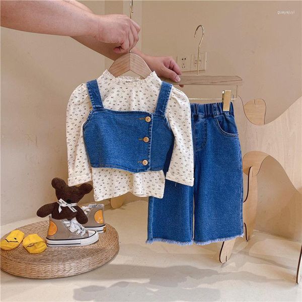 Conjuntos de roupas 3 peças roupas para meninas outono primavera manga comprida camisa tops jeans colete jeans calças calças crianças terno crianças