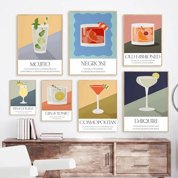 Minimalista Vecchio Stile Colorato Alcool Poster E Stampe Cocktail Retro Tela Pittura Wall Art Immagini Murali Kitchen Bar Decor w06