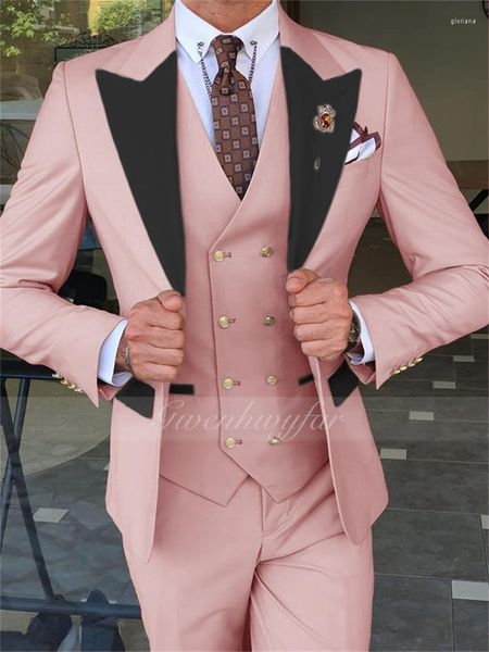 Ternos Masculinos Gwenhwyfar 2023 Moda Feito Sob Medida Rosa Claro Noivo Smoking Padrinhos Dourados Botões Dourados Lapela Preta Homem Terno Casamento Blazer 3Pçs