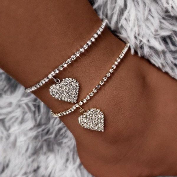 Fußkettchen Bohemian Voller Strass Herz Anhänger Tennis Schmuck Für Frauen Großhandel Kristall Liebe Fußkettchen Armband Bein Kette