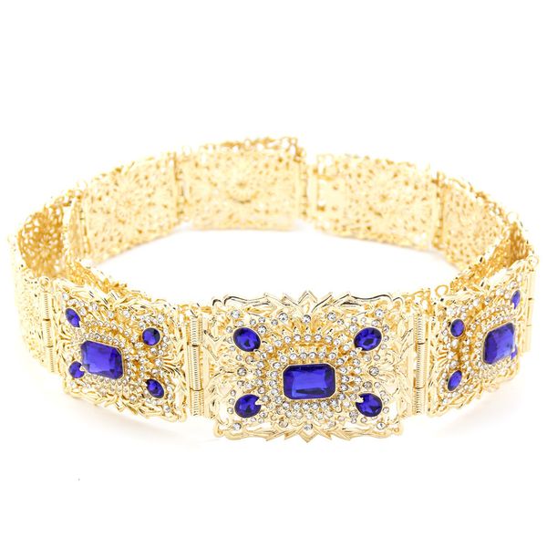 Correntes de barriga Sunspicems 18k cor de ouro azul cristal marrocos caftan cinto para mulheres algera noiva jóias de casamento decorativa cadeia de cintura 230802