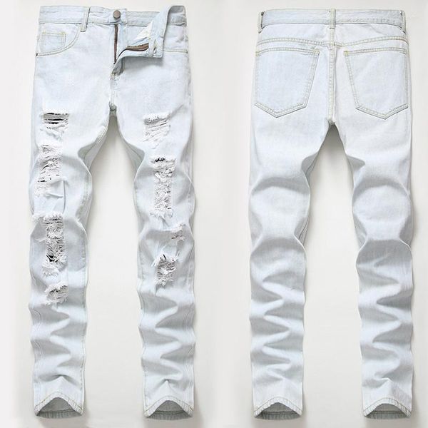 Mens jeans denim design maré marca luz cor solta em linha reta magro retro buraco arruinado longo selvagem calças casuais tamanho grande