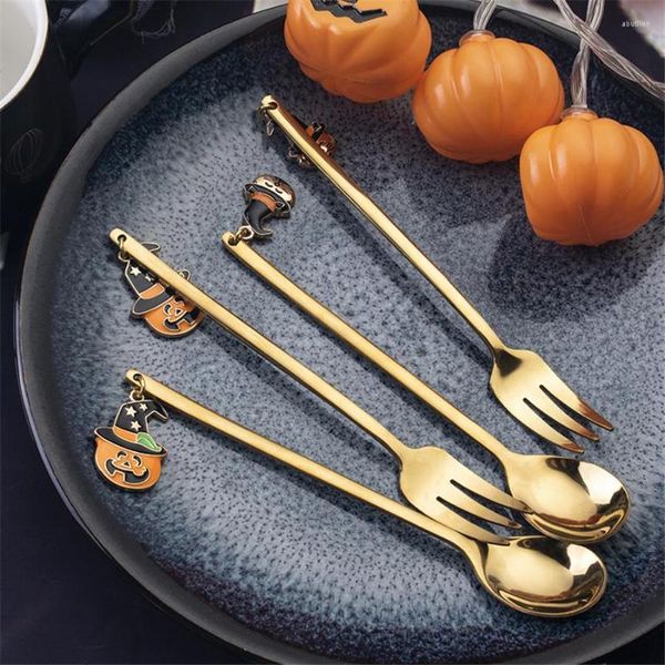 Conjuntos de louça 12 peças colher de café de aço inoxidável estilo criativo pingente de Halloween utensílios de mesa abóbora dourada sobremesa garfo de frutas