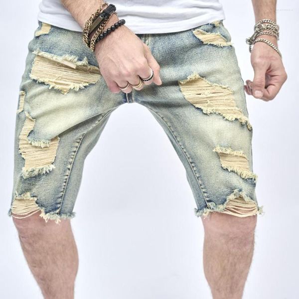 Erkek kot ince diz uzunluğunda kalem pantolon çizik denim modaya uygun gençlik yırtılmış şort sokak kıyafetleri