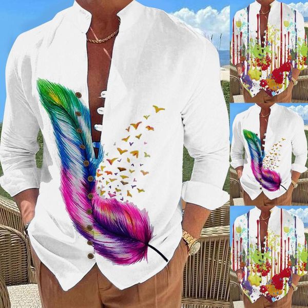 Camisas masculinas com decote redondo e manga comprida para férias à beira-mar, botão solto, colarinho digital 3D, moda masculina grande e alta