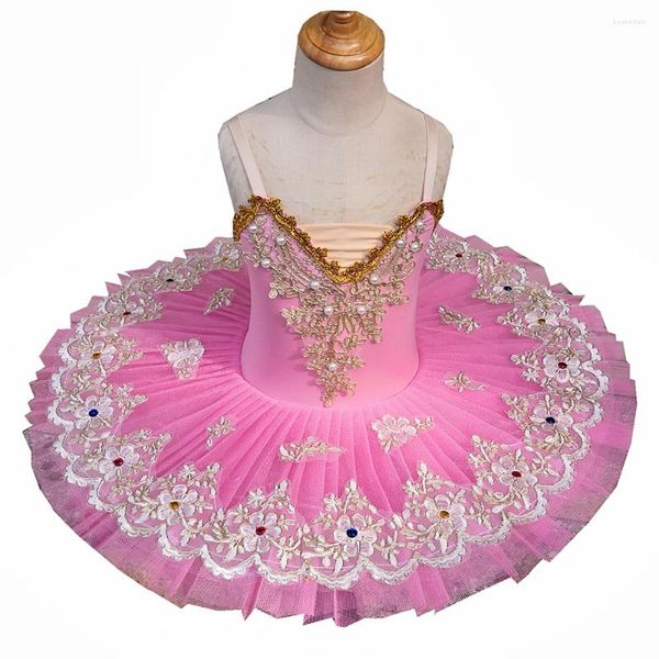 Stage Wear Tutu di balletto professionale Il lago dei cigni Costume da ballo rosa Abito da body classico per ragazze ricamato in pizzo per bambini