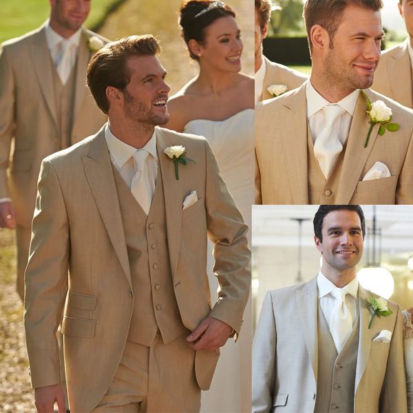Khakifarbene Hochzeitsanzüge für Männer, spitzes Revers, Bräutigam, Smoking, 3-teilig (Jacke + Hose + Weste), Business-Stil, maßgeschneidert